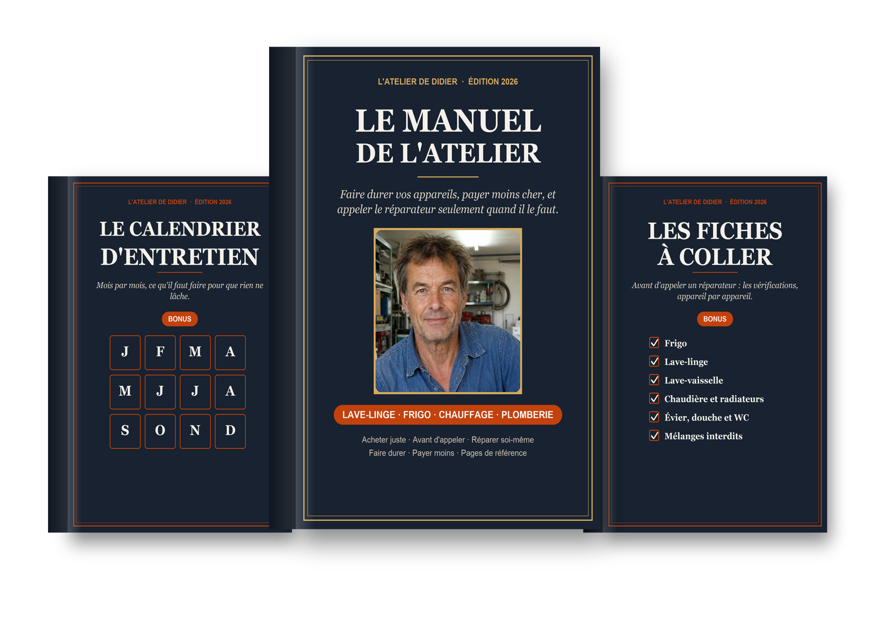 Le Manuel de l'Atelier, le calendrier d'entretien et les fiches à coller